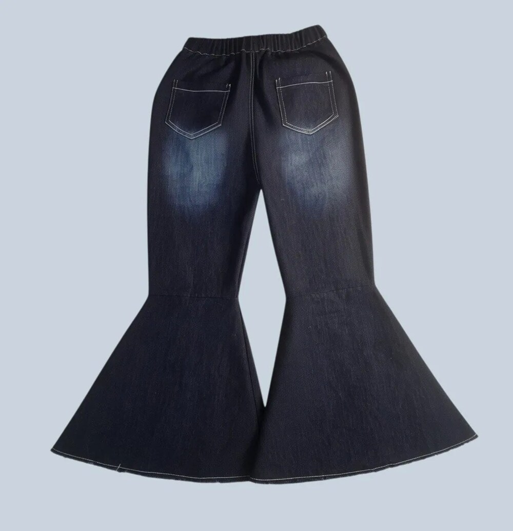 Girls Dark Wash Extreme Bell Bottom Denim Jeans Bow Accent Fringe Hem Size 140 9 image 5